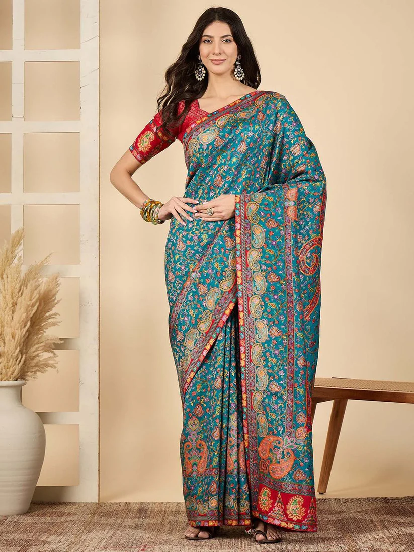 Royal Kashmiri Pashmina Work Pure Saree Peacock Blue